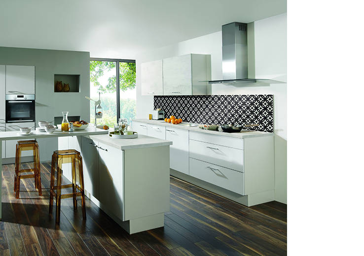 nobilia North America modern cabinetry, the Laser 417, a light grey modern classic cabinet option