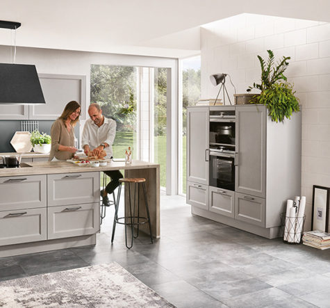 nobilia North America shaker cabinetry, the Cascada 772, a light gray shaker style kitchen cabinet option with a modern twist