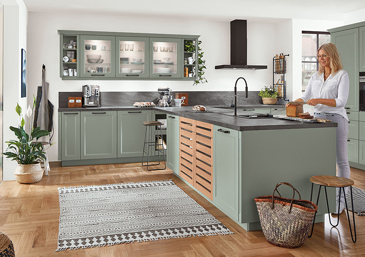 nobilia North America modern shaker cabinetry, the Cascada 776, a reed green kitchen cabinet option