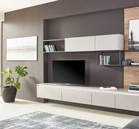 nobilia North America modern living furniture, the Cemento 803, a light gray cement colored entertainment center