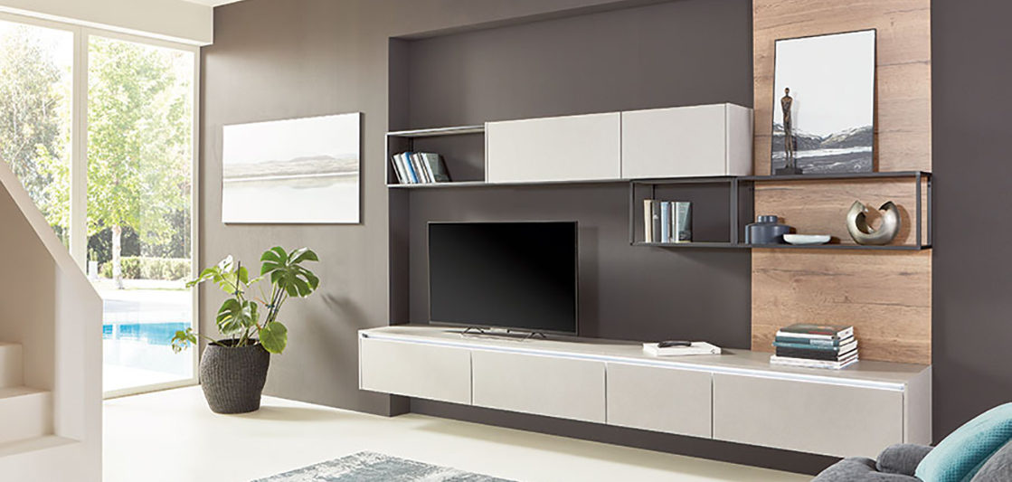 nobilia North America modern living furniture, the Cemento 803, a light gray cement colored entertainment center