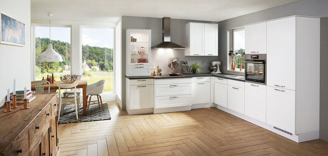 nobilia North America modern cabinetry, the Credo 764, a white flat panel style cabinet option