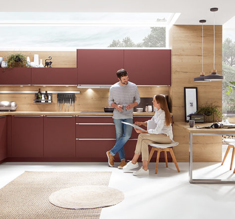 nobilia North America ultra modern cabinetry, the Easytouch 963, a red anti-finger print cabinet option