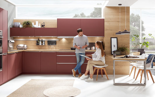 nobilia North America ultra modern cabinetry, the Easytouch 963, a red anti-finger print cabinet option
