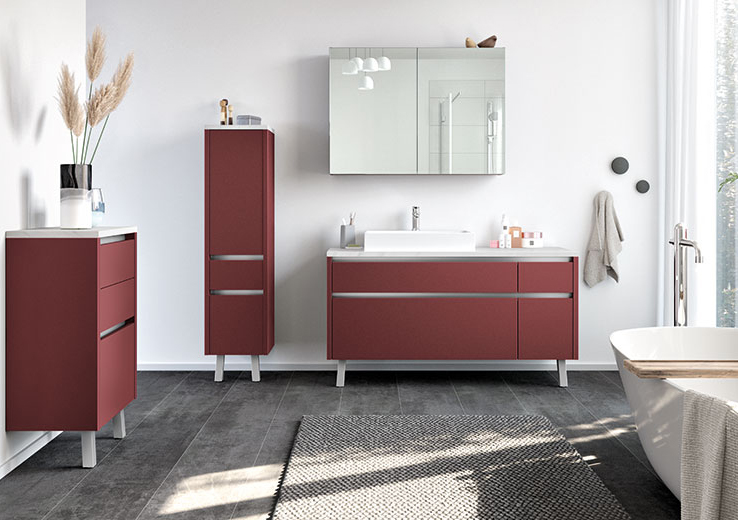 nobilia North America modern bathroom furniture, the Easytouch 963, a red handleless option