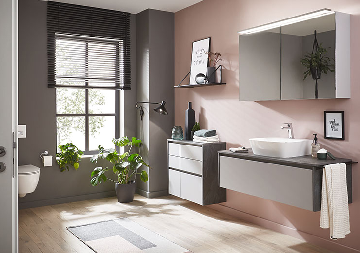 nobilia North America modern bathroom furniture, the Fashion 165, light gray matte fronts with dark wood accents