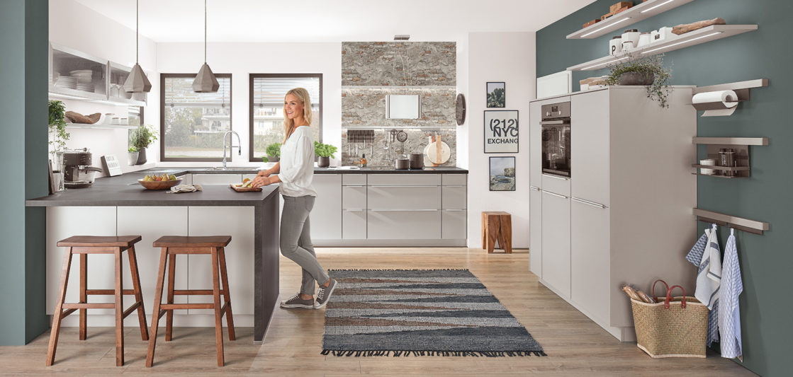 nobilia North America modern cabinetry, the Fashion 169, a light gray simplistic cabinet option