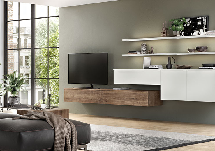 nobilia North America organic living furniture, Fashion 168 & Structura 402, wood accent entertainment center with white cabinets