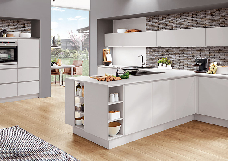 nobilia North America modern cabinetry, the Fashion 171, a light grey handleless cabinet option