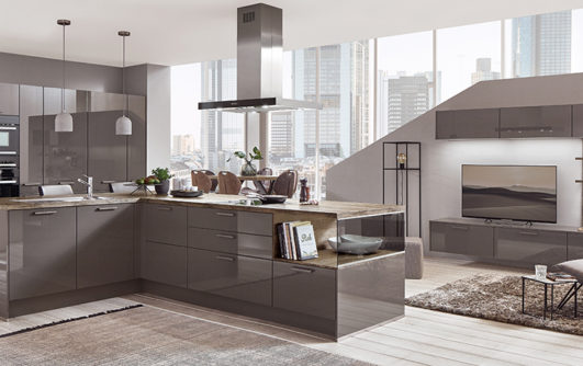 nobilia North America modern cabinetry, the Flash 453, a grey high gloss cabinet option