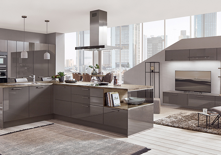 nobilia North America modern cabinetry, the Flash 453, a grey high gloss cabinet option
