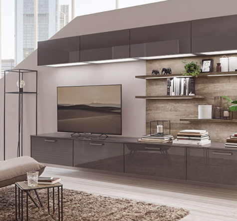 nobilia North America modern living furniture, Flash 453, a gray high gloss entertainment center