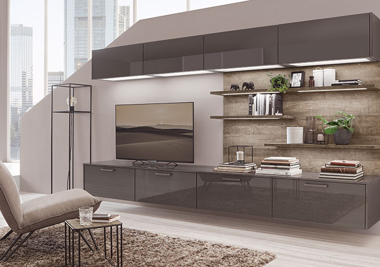 nobilia North America modern living furniture, Flash 453, a gray high gloss entertainment center