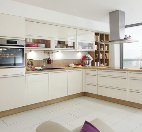 nobilia North America modern cabinetry, the Focus 462, an ivory ultra high gloss cabinet option