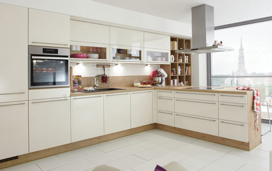 nobilia North America modern cabinetry, the Focus 462, an ivory ultra high gloss cabinet option