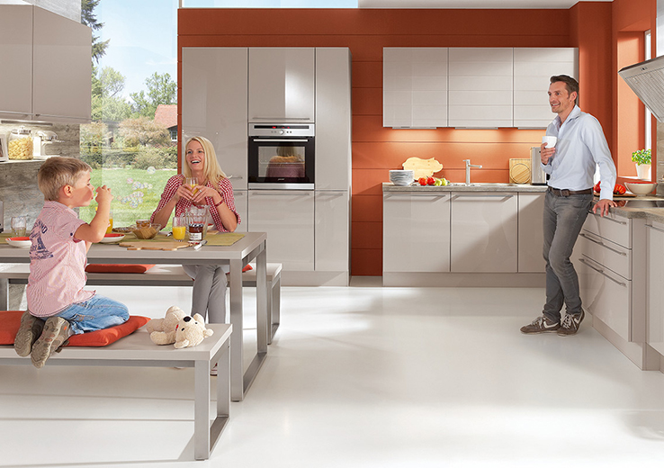 nobilia North America modern cabinetry, the Focus 467, a tan ultra high gloss cabinet option