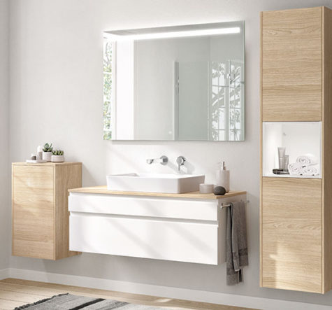 nobilia North America modern bathroom furniture, the Inline 555 and Riva 887, a blend of wood grain and white colors