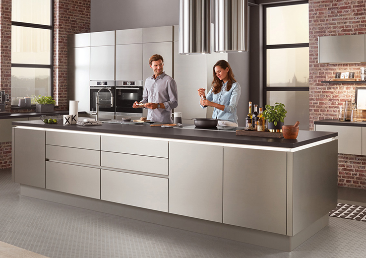 nobilia North America modern cabinetry, the Inox 216, a brushed steel cabinet option