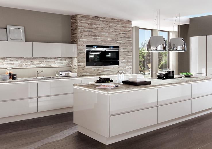 nobilia North America modern cabinetry, the Lux 819, a satin grey high gloss cabinet option
