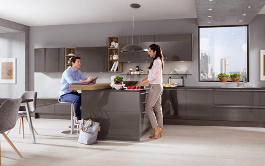nobilia North America modern cabinetry, the Lux 823, a dark grey handleless cabinet option