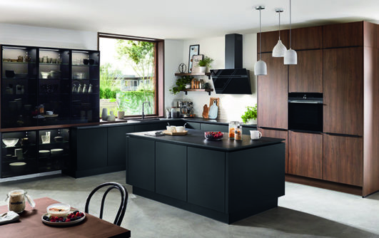 nobilia North America wood cabinetry, the Riva 840, a dark wood cabinet option