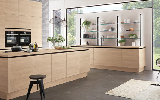 nobilia North America wood cabinetry, the Riva 887, a light wood handleless cabinet option