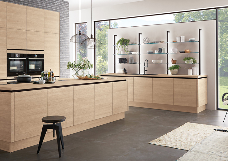 nobilia North America wood cabinetry, the Riva 887, a light wood handleless cabinet option