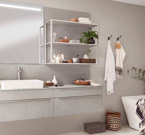 nobilia North America modern bathroom furniture, the Stoneart 403, a light gray stone fronts