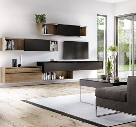 nobilia North America modern living furniture, Touch 340 & Structura 402, a black modern entertainment center with wood accents