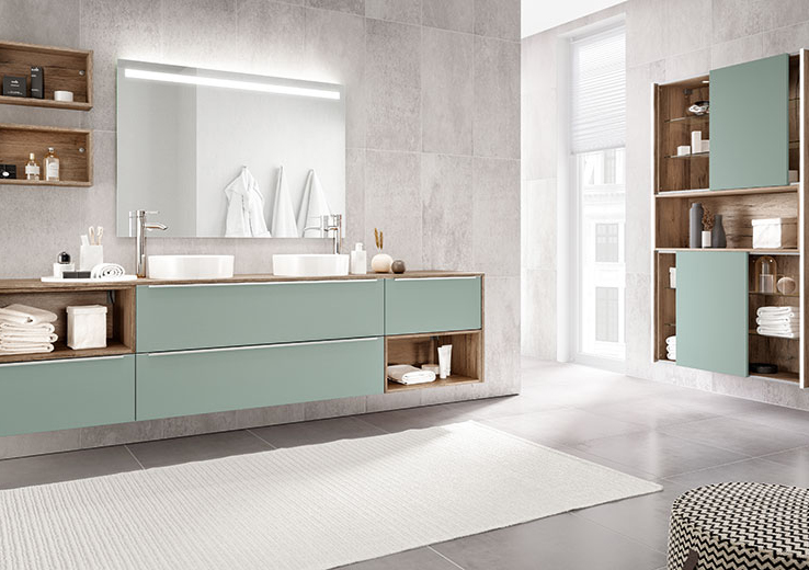nobilia North America modern bathroom furniture, the Touch 337, dark wood with teal green fronts
