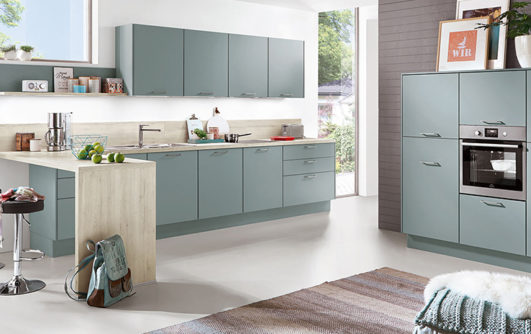 nobilia modern cabinetry, the Touch 337, an aqua supermatt modern kitchen