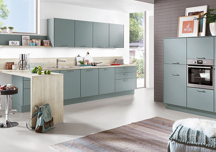nobilia modern cabinetry, the Touch 337, an aqua supermatt modern kitchen