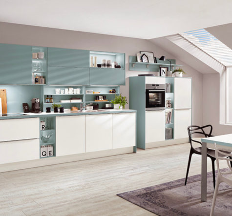 nobilia North America "color-concept" cabinetry, the Aqua 254, an aqua blue modern kitchen option