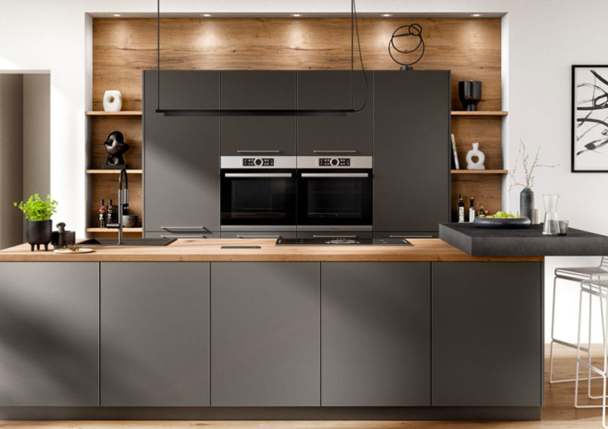 nobilia North America modern cabinetry, the Artis 937, a dark gray handleless modern kitchen option
