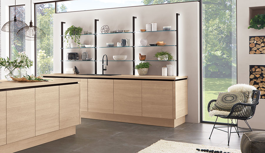 nobilia open kitchen with open shelf storage