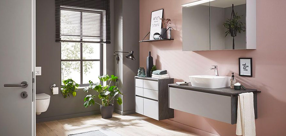 nobilia North America modern bathroom furniture, the Fashion 165, light gray matte fronts with dark wood accents