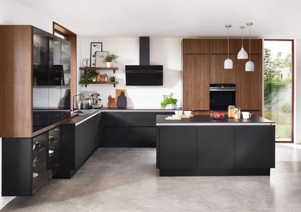 dark modern kitchen with oak accents